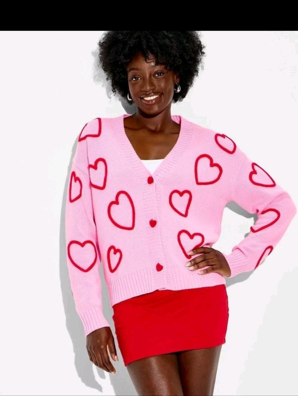 33 Degrees Women's Hearts Graphic Cardigan Sweater - Light Pink Size L